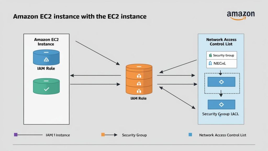 Diagram of EC2 with IAM role, Security Group, and NACL interactions.__Why_ Security architecture is complex, and a visual makes it clearer.